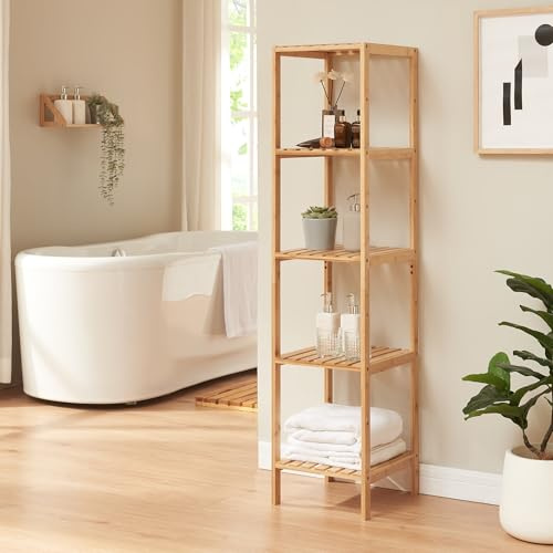 [en.casa] Badregal Lierne Standregal mit 5 Ablagen Badezimmerregal 140 x 33 x 34 cm Bambusregal stehend Holzregal Bambus Natur