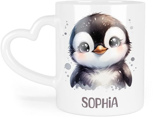 Kiddle-Design Kindertasse mit Namen Personalisiert, Personalisierte Tasse Kinder mit Pinguin, Namenstasse Pinguintasse, Kinderbecher als Geschenk zur Taufe, Geburt Weihnachten - Tasse Herz