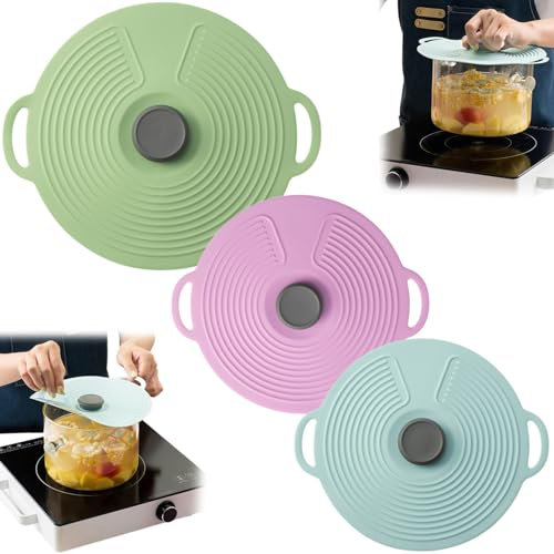 Lot de 3 couvercles en silicone pour casseroles et poêles de 32,4/23,9/20,9 cm, couvercles de bol de qualité alimentaire avec poignée, couvercles réutilisables à ventouse