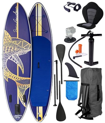 BRAST SUP Board Shark | Aufblasbares Stand up Paddle Set | 320x81x15cm | 8 Designs | 5 Jahre Garantie | inkl. Sonderzubehör | 2in1 Paddel Kajak-Sitz Action-Cam-Halterung Fußschlaufe Pumpe Rucksack