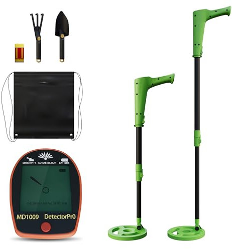 UISEBRT Metalldetektor für Kinder ab 5 Jahren, Hochpräziser Kinder-Metalldetektor mit LCD-Display, wasserdichter Suchspule, höhenverstellbar, leicht und tragbar, inklusive Schaufel & Rechen, Grün