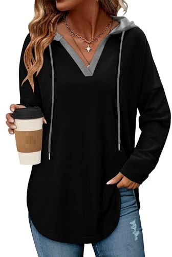 CHICZONE Hoodies for Women Ladies Jumpers Long Sleeve Tops Drawstring V Neck Pullover Sweatshirt Tunic Clothes Grey Black