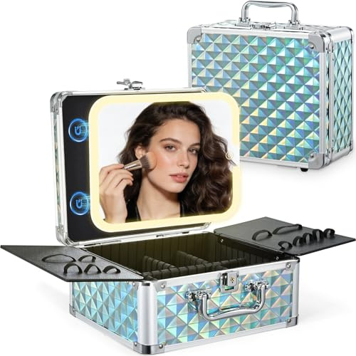 Makeup Box with Mirror, Portable Vanity Case Make Up Box Organiser Travel Makeup Bag Beauty Cosmetic Case with Led Mirror Adjustable Compartment