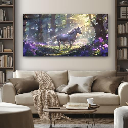 SKOEUI Wandbilder Märchen Einhorn 60x120 cm Leinwand Bilder Fantasie | Wohnzimmer Waldtiere Hochwertiger Gemälde als Hintergrund Dekoration für Schlafzimmer Flur & Büro, Rahmenlos