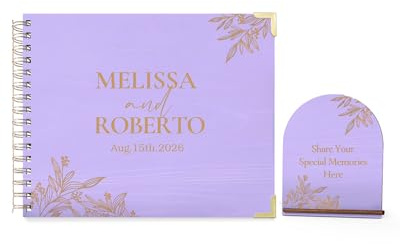 HZGUEOSTB Livre d'or personnalisé en bois avec panneau de table – 100 pages vierges à spirale Polaroid pour mariage, fête, anniversaire, enterrement de vie de jeune fille, 27,4 x 21,3 cm (violet clair