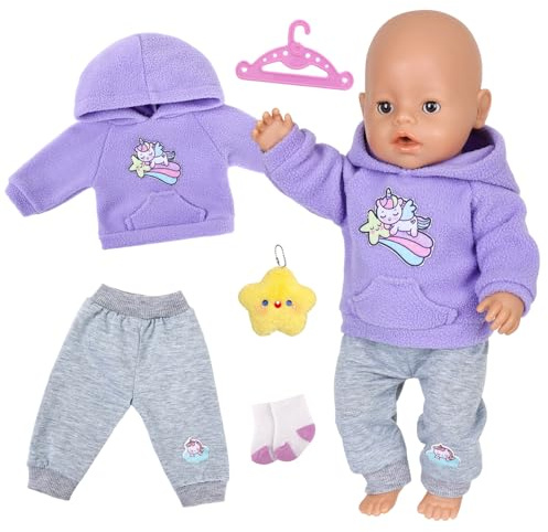 5 Stück Kleidung Outfits für 14-18 Zoll Baby Puppen, 36-43cm Lila Pony Puppenkleidun mit Süßes Hoodie Hose Socken Kleiderbügel Pentagramm-Puppe, 43cm Puppenkleidung Zubehör Geschenk für Kinder