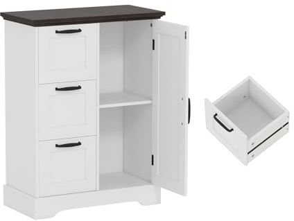 KOMFOTTEU Buffetschrank mit 3 Schubladen & Schrank mit Türen, Küchenschrank mit Magnetverschluss für Türen, niedriges Buffet mit Kippschutz, für Wohnzimmer, Esszimmer, 60 x 30 x 80 cm (Weiß)