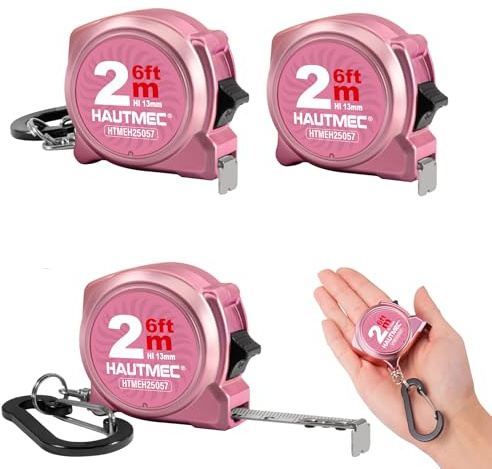 HAUTMEC Mini-Maßband, Rosa, 3er-Set, 2 m Länge, kleines Maßband mit metrischer und imperialer Skala, ausziehbar, mit Schlüsselanhänger, ABS-Schutzgehäuse, ideal für Hausbesitzer, 25057