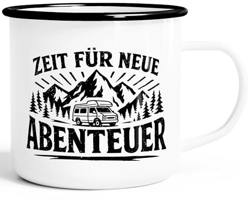 MoonWorks® Emaille-Tasse Spruch Zeit für neue Abenteuer Outdoor Wandern Camping Gadget Becher Geschenk Naturliebhaber Weiss-schwarz standard
