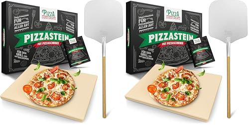 Pizza Divertimento Pietra refrattaria per pizza da forno - Con pala per pizza - Pietre di cordierite - Base croccante e condimento gustoso (Confezione da 2)