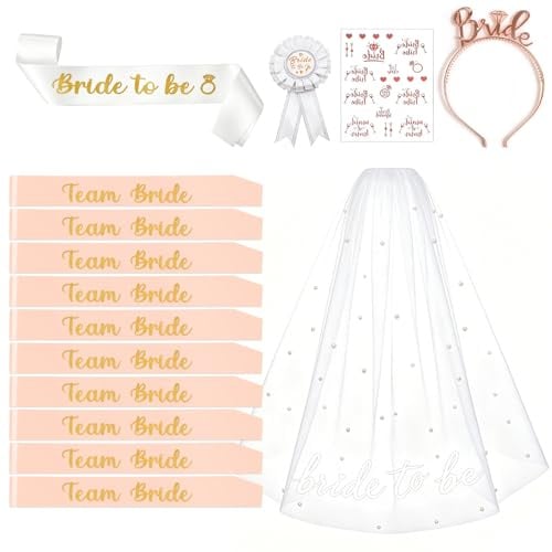 YSUVIN 15 Pezzi Addio al Nubilato Gadget, Kit Bride to be, Oro Rosa | 10 Fasce Team Bride, 1 Fascia per la Sposa, Velo, Distintivo, Tiara, Tatuaggi temporanei, Velo Sposa Addio al Nubilato
