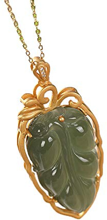 925 Silber vergoldete natürliche Hetan-Jade-Saphir-Blatt-Anhänger-Halskette