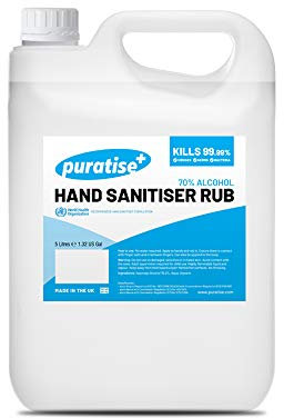 Hand Sanitiser PURATISE 5L Hand Sanitiser Alcohol Liquid RUB - 70% Hand Sanitizer Kills 99.99% of Germs & Bacteria - MADE IN THE UK Melbec Microbiology Approved BSEN 1276:2019 & BSEN1500:2013