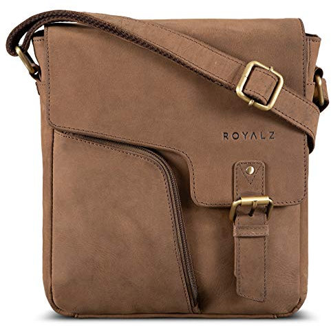 ROYALZ Moderne Vintage Umhängetasche Herren klein Leder 'Denver' kleine Ledertasche Echtleder Herrentasche zum Umhängen Schultertasche für Alltag Freizeit Arbeit, Farbe:Montana Braun