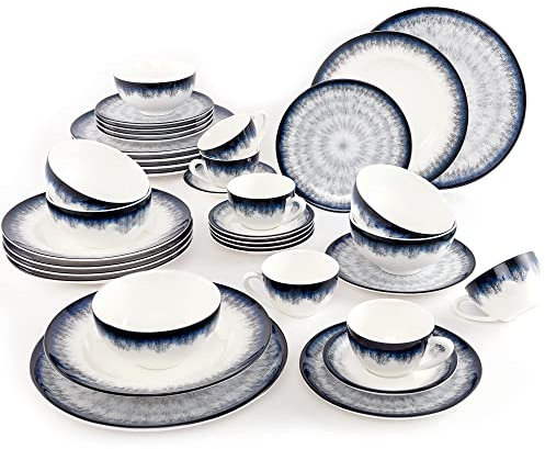 Zandi Serie Zaffiro Geschirrset für 6 Personen aus Porzellan| 36-teilig, spülmaschinengeeignet mikrowellengeeignet kratztfest | hochqualitatives Teller set, Tellerset modern, Tafelservice blau weiß