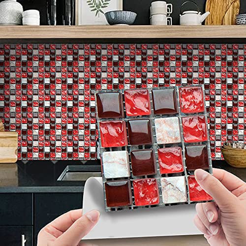 30pcs Wall Tile Stickers, Hiser Retro Mosaic Style Square Waterproof Marble Decals Sticker for Kitchen Living Room Bathroom Home Floor DIY Decor Self-Adhesive 10x10cm (Red)