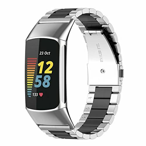 Strap-it Stahlarmband armband - kompatibel mit - Fitbit Charge 5 - Armband - Silber/Schwarz - fur Fitbit Charge 6