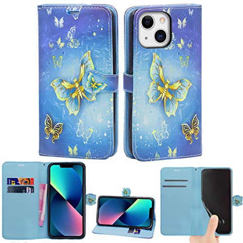 Mobile Stuff Case Compatible With iPhone 13 Leather Wallet Book Flip Folio Stand View Cover Magnetic Closure Card Slots for [6.1 Inch] (Butterfly Gold)