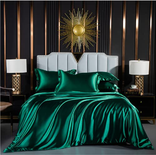 Luofanfei Bettwäsche 220x240 cm Satin Grün Dunkelgrün Glänzend Seide Glatt Bettwäsche-Sets Luxus Uni Einfarbig Microfaser Bettwäsche Bettbezug Set mit Reissverschluss und Kissenbezüge 80x80