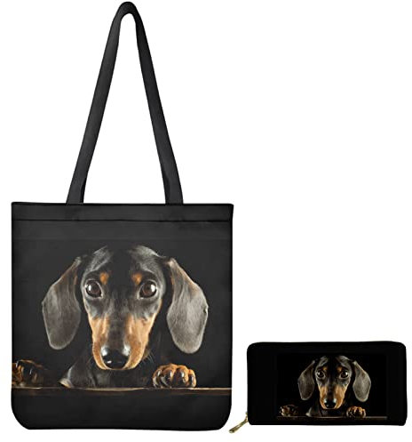 Dolyues Handtaschen und Geldbörse Set für Frauen Große Kapazität Canvas Schulterhandtaschen mit Innentasche Passende Brieftasche, Schwarzer Dackel-Design
