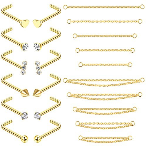 Adramata 12 Stück Nasenstecker 10 Stück Nasenkette Piercing Chirurgenstahl Nasenring mit Nasenkette für Doppel Nasenpiercing 20G Nasenstecker Silber Nasenpiercings für Damen Herren