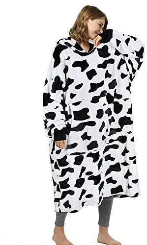 Extra Lange Fleece Hoodie Decke Kuh Druck, Flauschige Übergroße Kuscheldecke mit Ärmeln und Kapuze, Warme Großes Kapuzendecken, Tragbare Decke zum Anziehen als Geschenkidee für Damen Herren