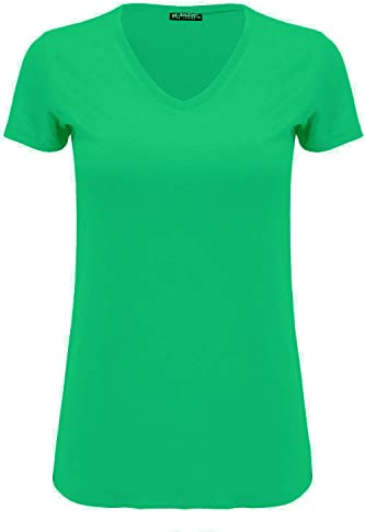Womens Ladies Casual Cap Sleeve Plain V Neck Basic Stretchy Baggy Jersey T Shirt (Jade Green, 12-14)