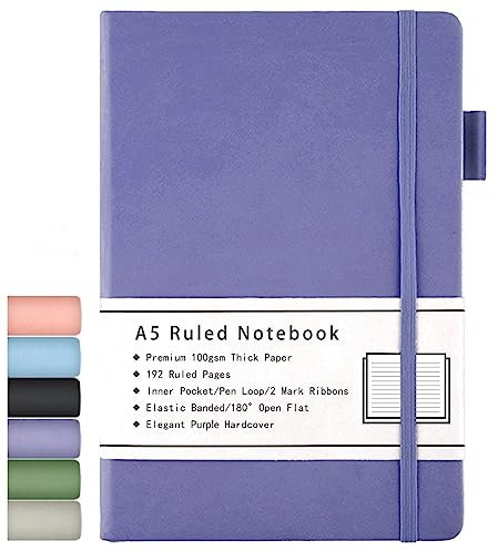 Beinushor Notizbuch A5, mit Hardcover Ausgekleidetes Journal mit Dickem Premium 100GSM Papier, 192 Seiten, Innentasche, Stiftschlaufe, Gummiband, Kunstlederbezug, 14,5 x 21,3 cm (Lila)