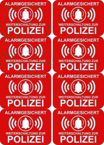 8 x Aufkleber - Alarmgesichert Weiterschlatung zur Polizei - 7x5 cm Aufkleber - Sticker Einbruchschutz Alarmanlage Warnschild - Hinweisschild selbstklebend Premium Qualität Sticker AD03 Rot