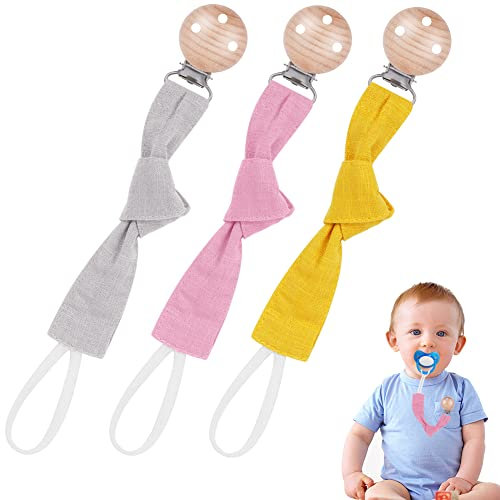 Vicloon Catenella Portaciuccio, Set di 3 Catenella Ciuccio Porta Ciuccio Neonato, Cotone Catenella Ciuccio con Clip Ciuccio Legno Faggio Naturale, Catene Ciuccio Bambino per Ragazze e Ragazzi