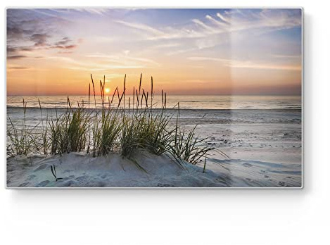 DEQORI Frühstücksbrett Glas | klein 23x14 cm | Motiv Sonnenuntergang am Strand | Design Schneidebrett für Küche | Frühstücksbrettchen antibakteriell & rutschfest | Glasplatte & Servierplatte