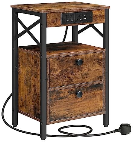 HOOBRO Wooden Bedside Table with Charging Station, X-shaped End Table with 2 USB Ports and 2 AC Outlets, Side Table Living Room, Nightstand with 2 Drawers, 38 x 28 x 60 cm, Rustic Brown EBF138KBZ01