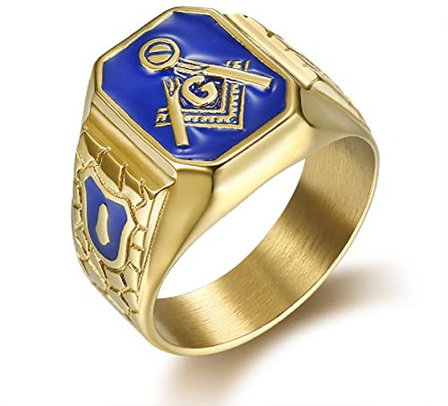 MayiaHey Blauer Freimaurer-Freimaurer-Ring, Blauer Freimaurer-Ring für Männer, Gold-Freimaurer-Meisterring Punk-Freimaurer-Symbol-Schmuck, Gold-Freimaurerei-Biker-Ring Maurer-Ring(17.3)