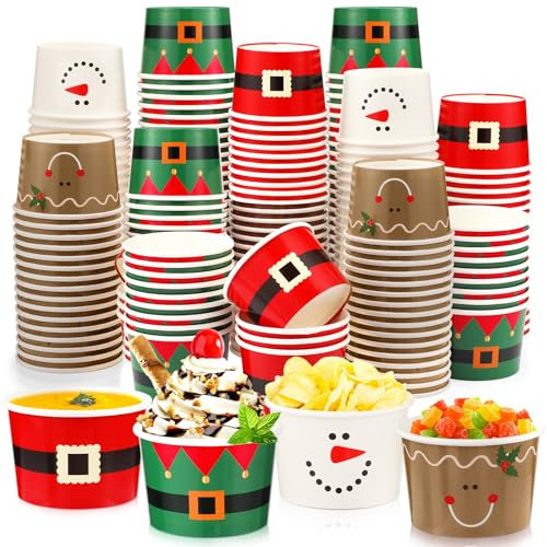 Bokon 100 Count 9 oz Christmas Snack Treat Ice Cream Cups Santa Belt Christmas Decorations Disposable Ice Cream Bowls Xmas Party Supplies Picnic Dessert Bowls for Cold or Hot Soup Party Supplies