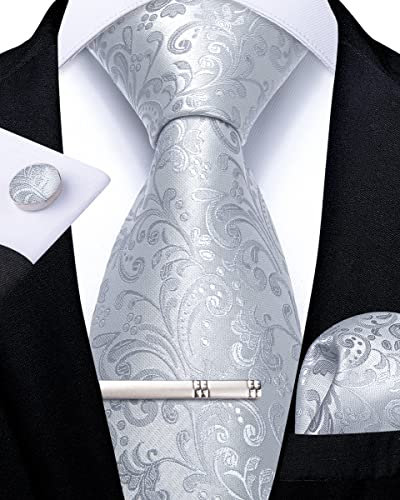 DiBanGu Formelle Herren Silber Krawatte Seide Paisley Krawatte und Einstecktuch Manschettenknöpfe Krawattenklammer Geschenkbox-Set für Smoking Hochzeit Party