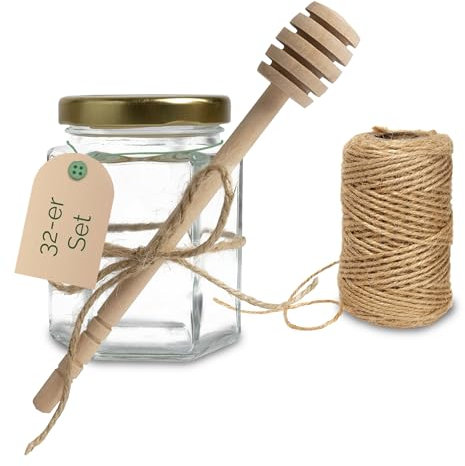 Apoidea – Set aus 64 Stück Honigglas 250g, Honiglöffel und Kordel für kleine Gastgeschenke