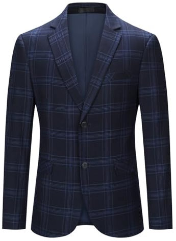 YOUTHUP Blazer Homme Slim Fit à Carreaux 2 Boutons Veste Costume Col Cranté Veston Casual pour Business Bleu-38 S