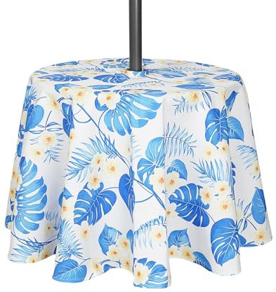 3E Home Mantel para exteriores de 152 cm con agujero para sombrilla, mantel redondo a prueba de salpicaduras con agujero para sombrilla y cremallera, para jardín, picnic, barbacoa, fiesta (hoja de