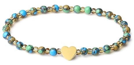 MetJakt Handgemachter Naturstein Perlenarmband 4MM Mini Stretch Armband Energiearmbänder 18k vergoldet Herz Armbänder für Damen Damenschmuck Echtes (Blauer Grüner Meeresablagerungs-Jaspis)