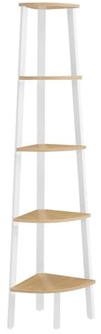 VASAGLE Eckregal, Bücherregal mit 5 Ebenen, Leiterregal, Aufbewahrungsregal, Pflanzenregal für Wohnzimmer, Industrial-Design, mit Stahlrahmen, natureichenfarben-mattweiß LLS035Y01