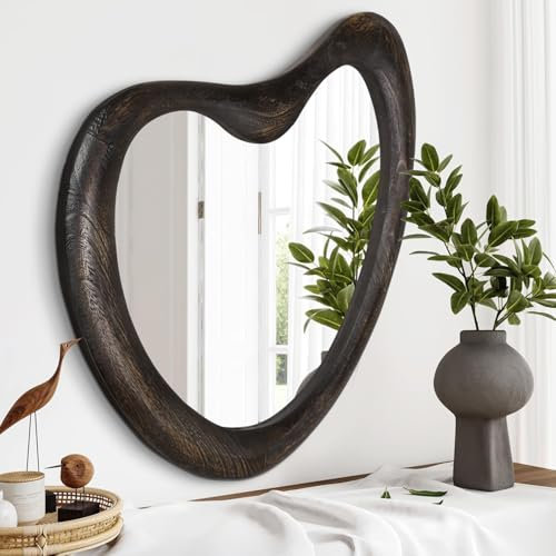 Asymmetrischer Wandspiegel, groß, schwarz gerahmt, einzigartiger unregelmäßiger Ankleidespiegel für Schlafzimmer, Wohnzimmer, Eingangsbereich, 65 x 45 cm, rustikales Braun