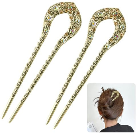 2 Pezzi Forcine a Forma di U Metallo, Fermaglio per Capelli Elegante, Stile Francese, Retrò Forcella per Chignon e Updo, Acconciatura Accessori per Capelli per Donne e Ragazze (Oro)