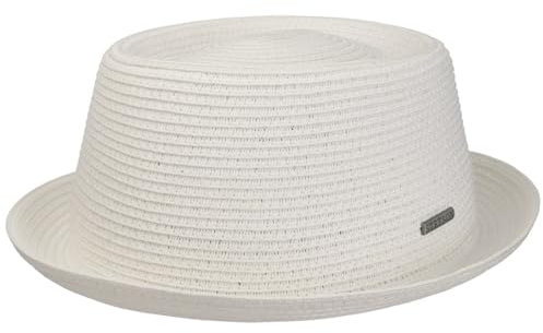 Stetson Dawson Black Pork Pie Herren Sonnenhut mit UV-Schutz 40 Strandhut aus Papierstroh Flechtmuster Frühjahrs Sommer weiß L (58-59 cm)