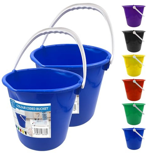 Colour Coded Plastic Bucket with Handle, 2 Gallon (7.5L) Household Heavy Duty Bucket with Spout and Easy-Grip Handle, Multipurpose Pail for Cleaning, Bath, and Gardening (Blue Pack of 2)