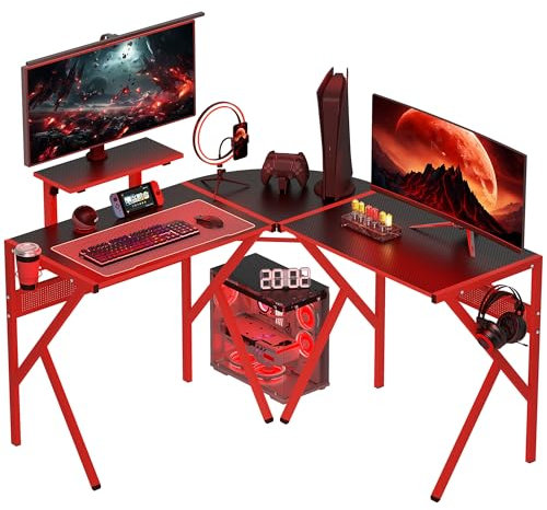 HOMCOM Bureau Gaming Bureau d'angle Bureau Gamer 125 x 125 cm en Forme de L avec Plateau en Fibre de Carbone, Support d'écran Porte-gobelet et Crochet pour Casque, Rouge