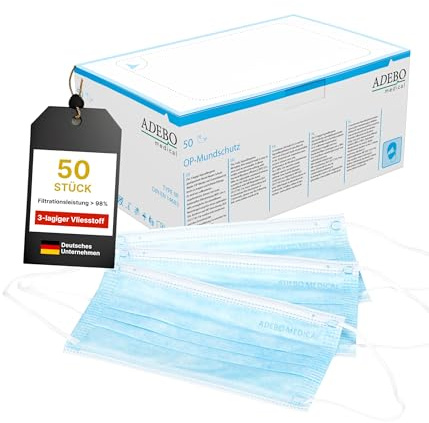 ADEBO Medical® OP Masken Typ IIR – 50 Stück | Medizinische 3-lagige Einwegmasken | EN 14683 & CE zertifiziert | BFE ≥98% | Blau | Latexfrei & hypoallergen, atmungsaktiv