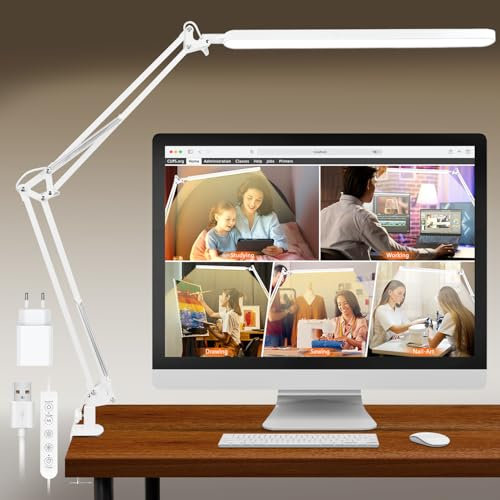BIENSER Schreibtischlampe LED Klemmbar, Schwenkarm Architektenlampe, 38CM Große Büro Tischlampe mit 5 Farb X 11 Helligkeitsstufen, Augenschutz Klemmlampe, Memory-Funktion, Inklusive 5V/2A Netzstecker