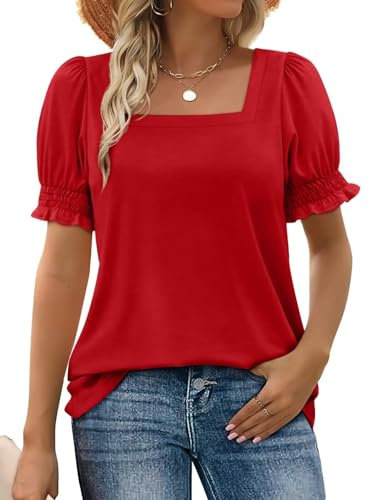 WIHOLL Summer Tops for Women Clothing Ladies Square Neck Shirts Ruffle Trim Clothes Short Sleeve Tshirt Red L