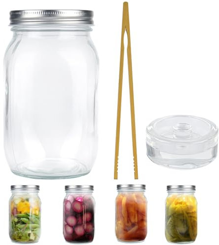 XCDMJ Mason Jar Mit Deckeln 1L Fermentier Klargläser Mit Holzklammer,Gewichten Mit Fermentiergewichte Und Schraubdeckel Gärglas Mason Jars Von Kimchi Sauerkraut Container Mehrzweck Vorratsgläser