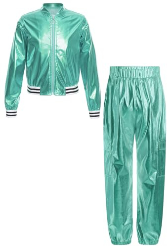 Miaeowve Sportbekleidung Kinder Mädchen Set Langarm Metallic Jacke Holographic Bomberjacke Mit Glitzer Hose Stretch Leggings 70er 80er Jahre Retro Sportswear